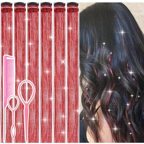 Hair Tinsel Clip In Extensions, 12 Pcs 24 Inch Red