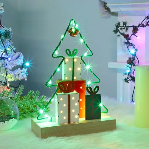 Lulu Home Christmas Tabletop Decoration, Wooden Pre-lit Christmas Tree Ornament with Green Metal Frame, Battery Operated LED Light Up Holiday Sign for Indoor Mantel Shelf Decor