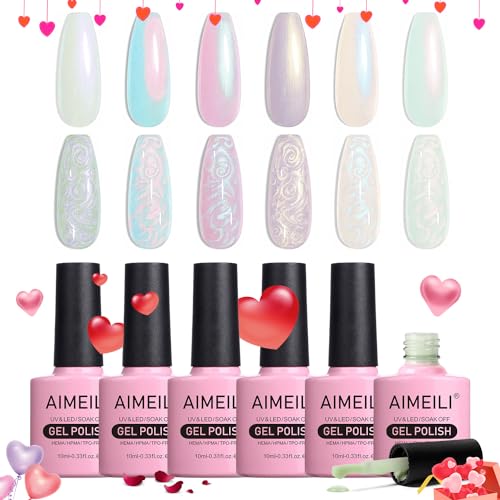 AIMEILI Hema Free Pearl Gel Nail Polish, Shimmer Mermaid Nail Gel Soak Off U V Gel Polish Set Of 6pcs X 10ml - Kit Set 42