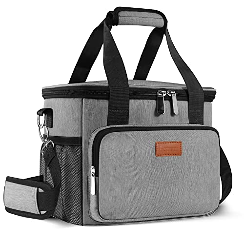 Femuar Lunch Bags for Women/Men, Insulated Lunch Bag for Work Office Picnic - Large Lunch Cooler Bag Leakproof Lunch Box with Adjustable Shoulder Strap for Adults - Grey (15L)