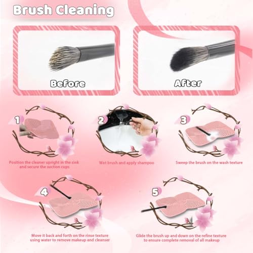 Silicone Makeup Brush Cleaner Pad with Suction Cup, 8 Textures, Stable, Makeup Brush Cleaning Mat (Pink)
