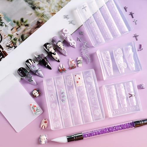 Laza Gothic 3D Skull Rose Nail Art Molds Set with Carving Tools