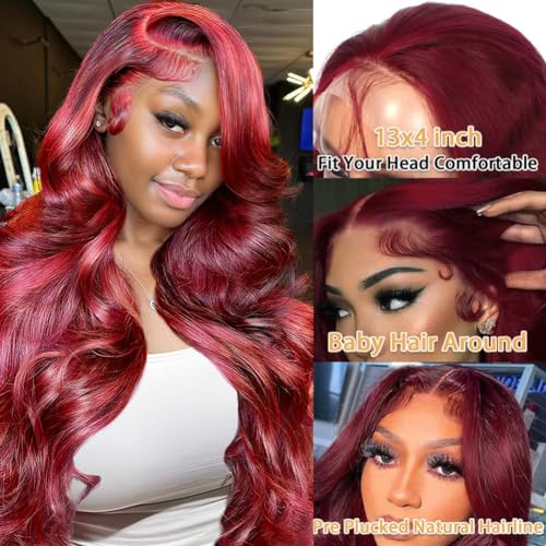 99j Burgundy Lace Front Wigs Human Hair 26 Inch 13x4 Body Wave Burgundy Lace Front Wigs 180 Density HD Transparent Glueless Wigs Human Hair Pre Plucked with Baby Hair