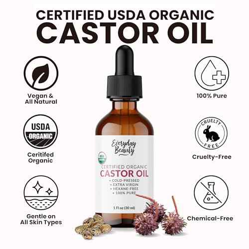 Organic Castor Oil - 100% Pure Certified USDA Organic, Cold Pressed & Hexane-Free, For Eyelashes, Eyebrows, Hair, Skin & Wellness Packs -1oz Glass Bottle & Dropper