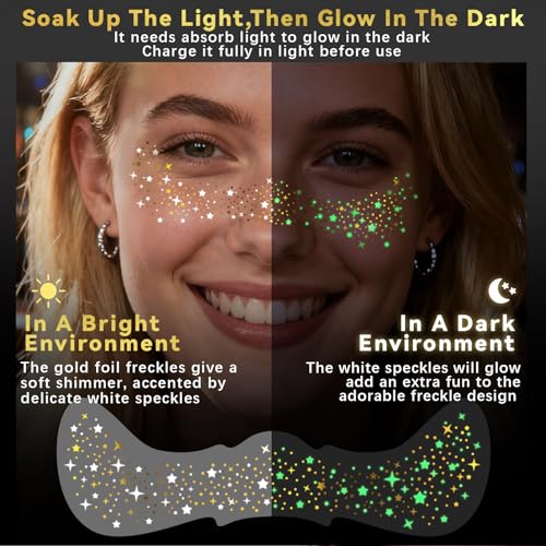 Noerrors 6pcs Glitter Freckles Glow in the Dark Temporary Speckles Tattoo Sticker, Cute Gold Star Nightglow Fake Faux Freckle Makeup Patches, Sparkle Glow Up Face Tattoo for Party