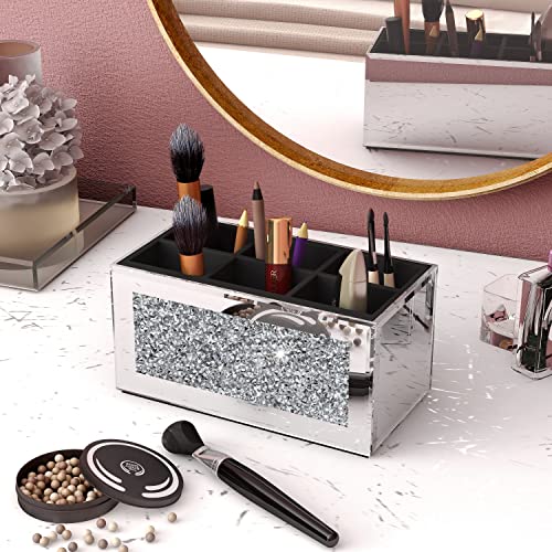 SHYFOY Makeup Brush Holder Organizer with Crushed Diamond 6 Slot Mirrored Make up Cosmetics Organizers and Storage for Vanity Countertop