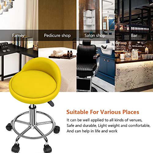 KKTONER PU Leather Round Rolling Stool with Foot Rest Height Adjustable Swivel Drafting Work SPA Task Chair with Wheels (Yellow)
