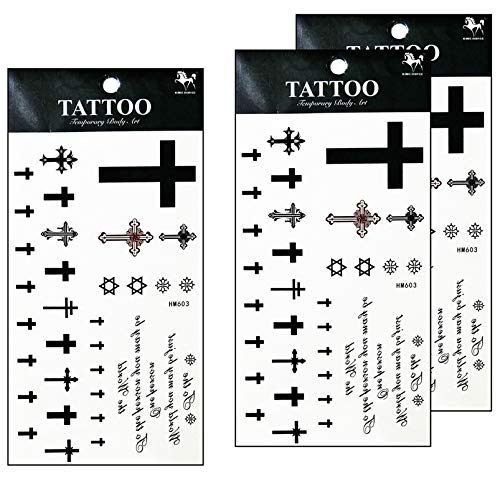 Cross Temporary Tattoo Stickers - 3D Waterproof Body Art (3 Sheets)