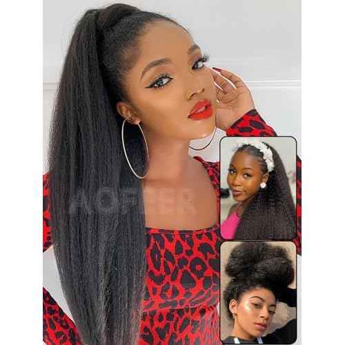 20 Inch Kinky Straight Glueless Wig 3 in 1 Half Wig with Elastic Drawstring Seamless Flip Over Yaki Straight Wear and Go Glueless Wigs Human Hair Drawstring Wigs for Women 200 Density