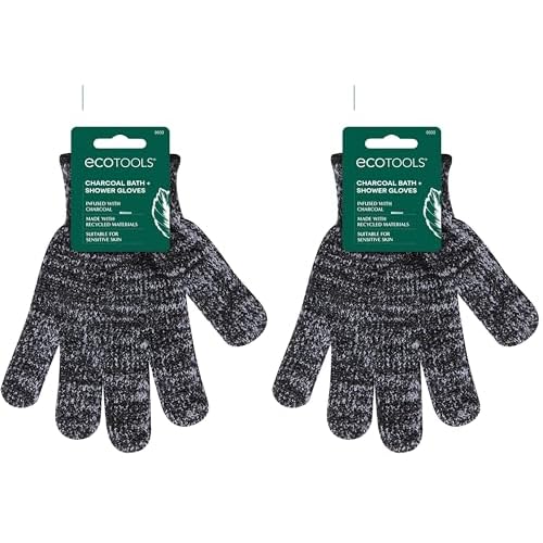 EcoTools Charcoal Bath + Shower Gloves, Exfoliating Gloves Remove Dead Skin & Cleanse Whole Body, Bath Gloves Infused With Charcoal To Scrub & Purify Skin, Cruelty Free, 1 Pair (2 Gloves) (Pack of 2)