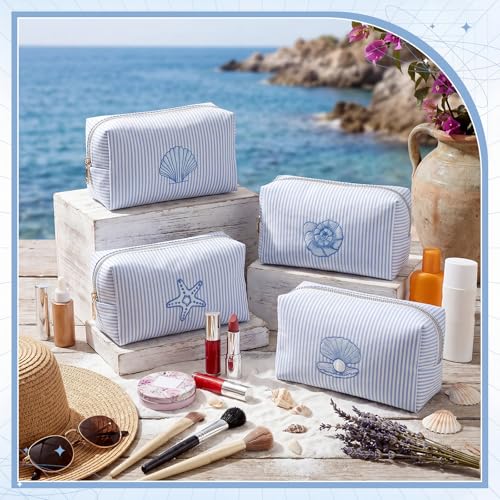 6 Blue Seersucker Cosmetic Bags with Striped Design