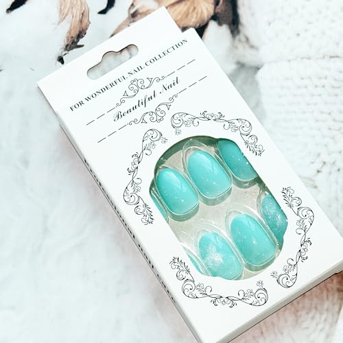 Light Blue Press on Nails Short Fake Nails with Nail Glue Glossy with Oval Design Stick on Nails Full Cover Reusable Artificial Nails Glue on Nails for Women Girls 24pcs