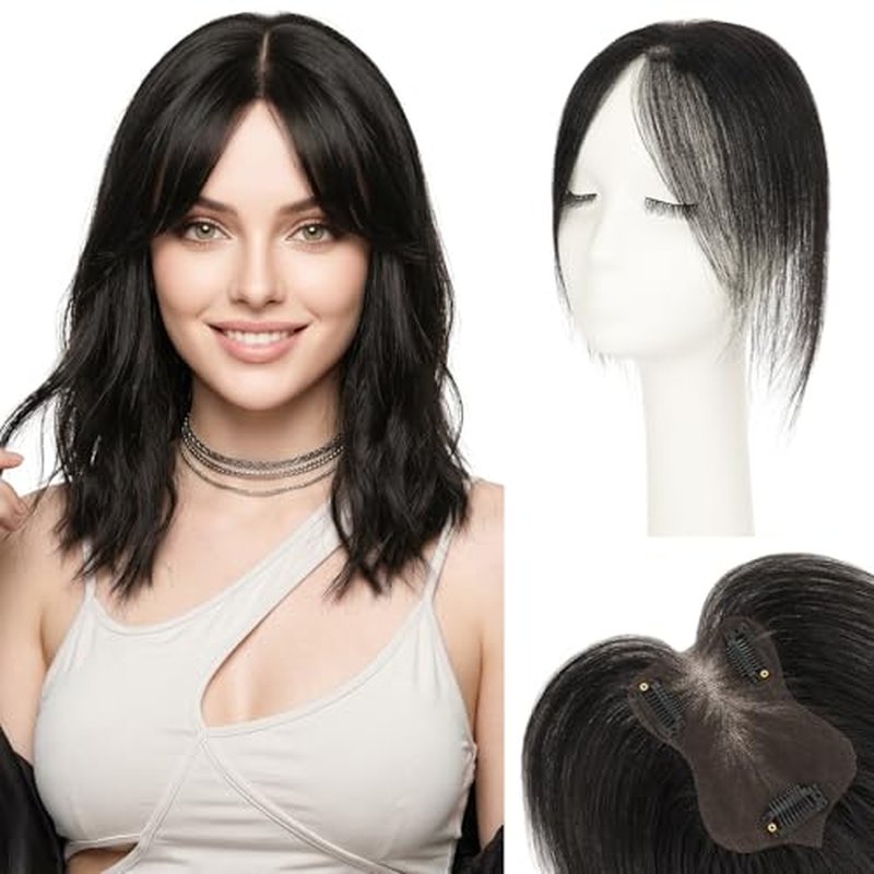 Human Hair Topper with Curtain Bangs - 11 Inch Clip-In for Thinning Hair