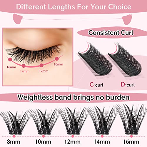 Cluster Lashes 72 Pcs Lash Clusters DIY Eyelash Extension Individual Lashes D-12mm Thin Band Easy to Apply at home Lashes (Adore, D-12mm)