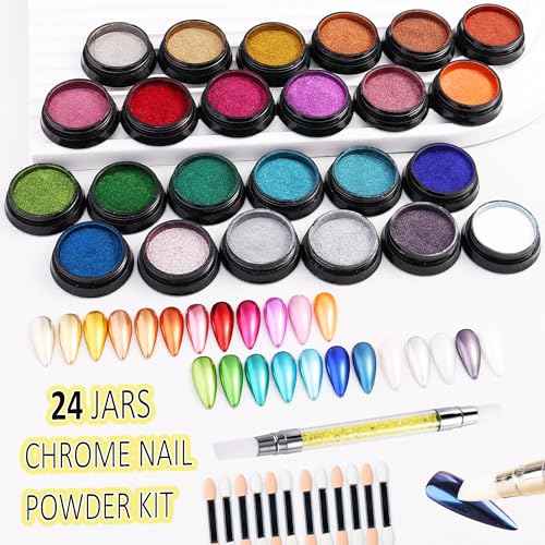 24 Colors Chrome Nail Powder Kit Mirror Effect Gold Silver Red Green Black Metallic Chrome Powder for Nails with Silicone Pen Applicator Brush Extra Fine Glitter Powder Manicure Supplies