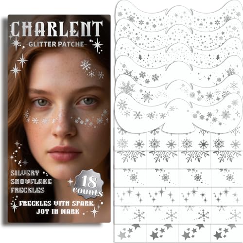 Glitter Snowflake Freckles Face Tattoos - 18 Sheets Waterproof Silver Temporary Makeup Patches for Women Christmas Makeup Accessories
