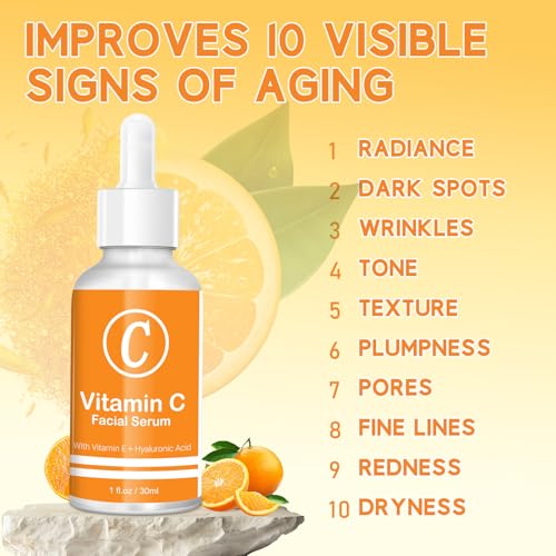 Premium 20% Vitamin C Serum for Face with Vitamin E, Sodium Hyaluronate - Boost Skin Collagen,Hydrate & Plump Skin, Anti Aging & Wrinkle Facial Serum (1 Fl Oz, Scented)