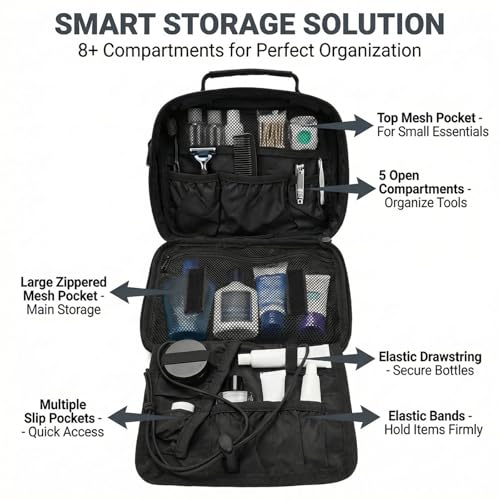 VELVEBAG Tactical Toiletry Bag for Men, Hanging Toiletry Bag for Men, Hanging Waterproof TravelShaving Hygiene Bag, Bathroom Multi-pocket Organizer, for Short Trips, Camping & Gym, Black