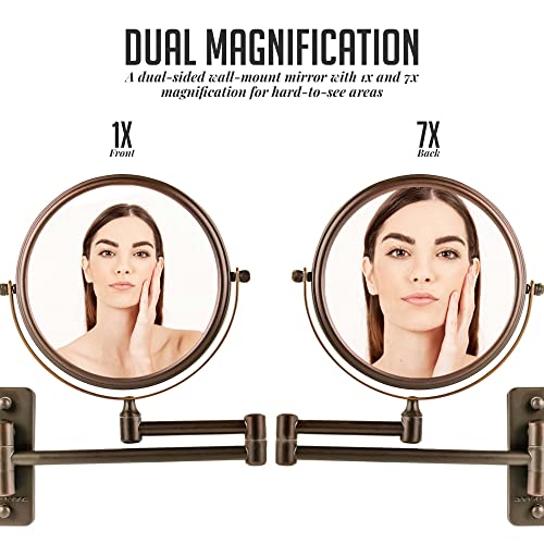 OVENTE 7" Wall Mounted Makeup Mirror with 1X/7X Magnification, Double Sided Magnifying Round Bathroom Vanity Mirror, 360¡Æ Swivel Design, Extendable and Folding Arm, Antique Bronze MNLFW70ABZ1X7X