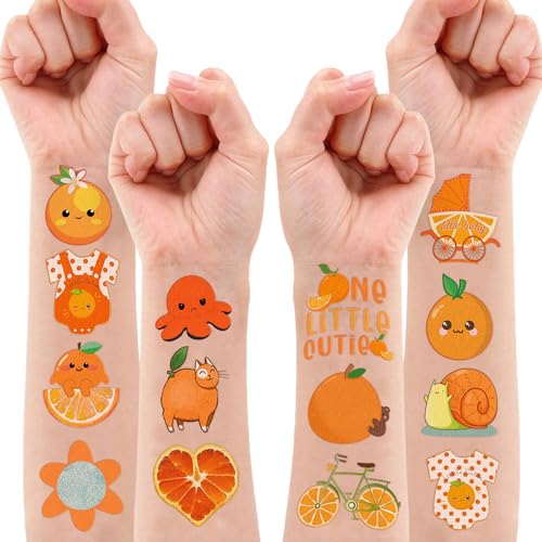 Orange Temporary Tattoos 10 Sheets 100 PCS Baby Shower Party Decorations Favors Supplies Baby Theme Birthday Stickers Christmas Gifts for Boys Girls Class School Prizes Carnival