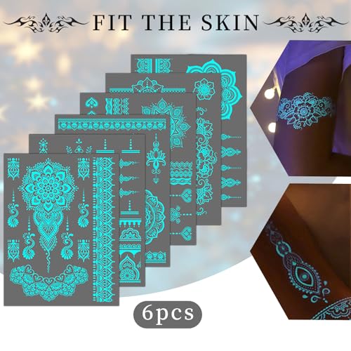 Glow-in Dark Temporary Tattoos Set- 6Sheets Luminous Flower Henna Fake Tattoo Sticker Sexy Lace Henna Waterproof Removable Tattoos for Face Body Night Tattoos Party Supplies Decoration(fluorescence)
