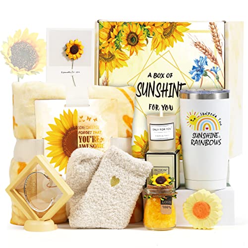 Sending Sunshine Christmas Gift for Women, Sunflower Christmas Gift Set for Mom, Care Package, Birthday Gifts Box, Thinking of You Gifts for Women, Sister, Friend, Sister with Inspirational Blanket