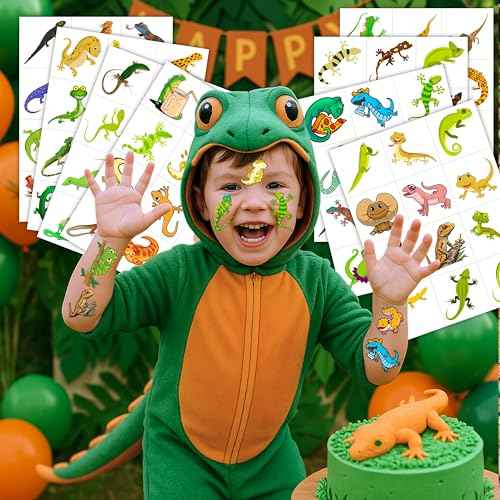 96PCS Lizard Pre-Cut Temporary Tattoos Themed Birthday Party Supplies Favors Decorations Cute Reptile Swamp Safari Animal Stickers Funny for Kids Girls Boys Teens School Classroom Rewards Gifts Ideal