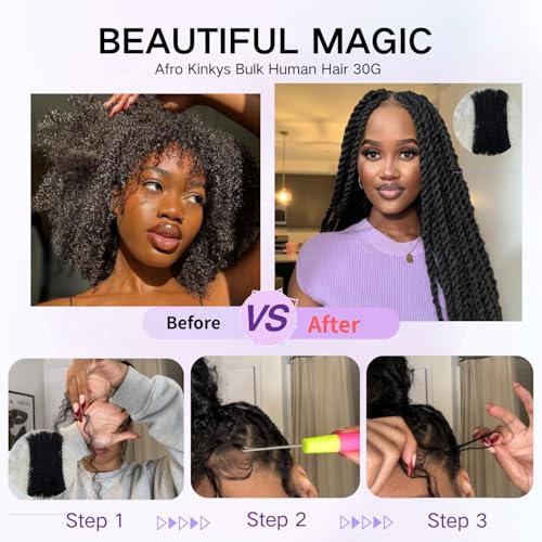 Afro Kinkys Bulk Human Hair 30g/Pack for Mini Twist, Braiding Hair for Dreadlocks, Loc Repair, Dreadlock Extensions Human Afro kinkyhair Bulk for Twists Natural Black 22 Inch