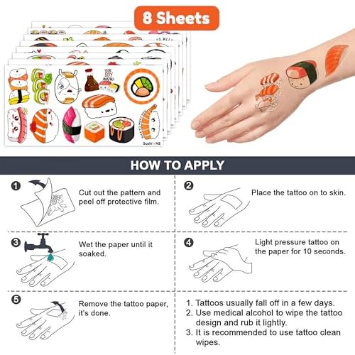Sushi Temporary Tattoos 8 Sheets 96 PCS Sushi Roll Party Decorations Favors Supplies Japanese Theme Birthday Cute Stickers Christmas Gifts for Boys Girls Kids Class School Prizes Carnival