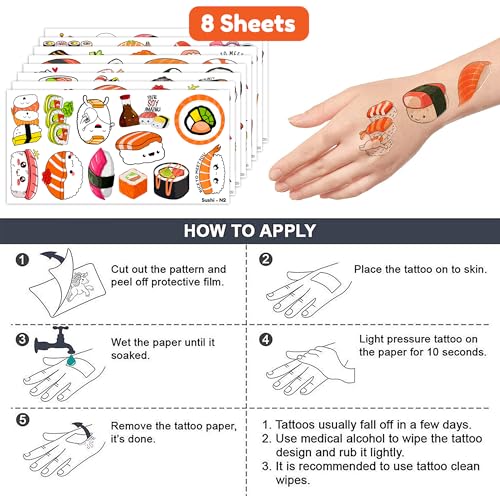Sushi Temporary Tattoos 96 PCS - 8 Sheets Japanese Party Favors
