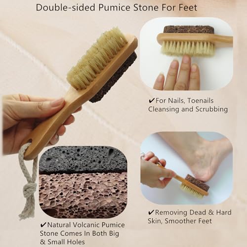 Natural Lava Pumice Stone Foot Brush & Callus Remover with Wooden Handle