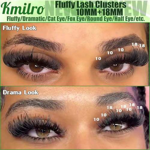 Kmilro Fluffy Lash Clusters Kit 10+18mm Thick Cluster Eyelash Extensions Kit 180D D Curl Volume DIY Lash Extension 220pcs Thin Band Soft Wispy Individual Lashes Kit with Bond and Seal Lash Tweezers