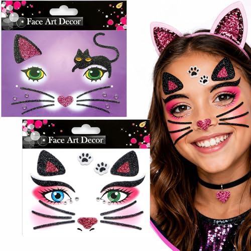 Cat Glitter Face Tattoo Stickers - Halloween Makeup (2 Sheets)