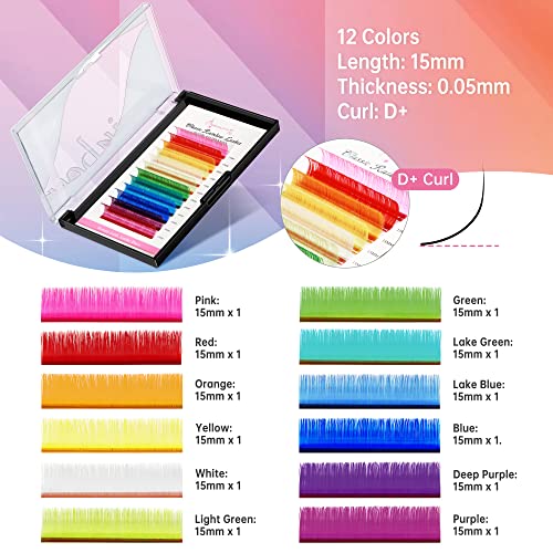 Beauty7 Colored Lash Extensions D+ Curl 15mm 12 Colors
