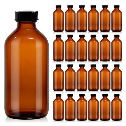 8 oz Amber Glass Boston Round Bottles with Polycone Caps - Pack of 24