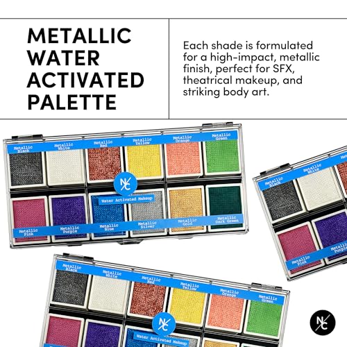 Narrative Cosmetics Metallic 12-Color Palette - Luxurious Water-Activated Makeup for Face & Body - Shimmering Shades for SFX, Cosplay, Theater, Film & TV Makeup Artists