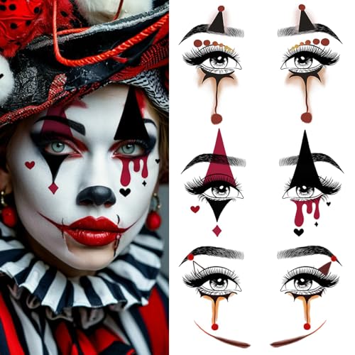 Halloween Clown Face Tattoos - 8 Sheet Temporary Stickers