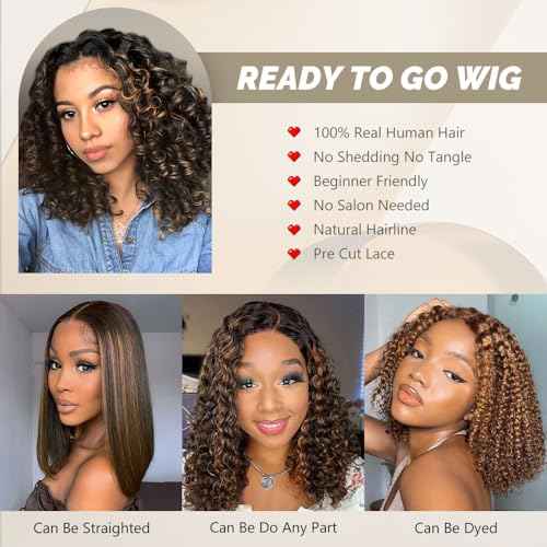 Highlight Curly Human Hair Wig 1B/30 Glueless Wigs Human Hair Pre Plucked Pre Cut No Glue Deep Wave Wig Short Ombre Brown Bob Wig Wear and Go Glueless Wig 200 Density for Women 12"