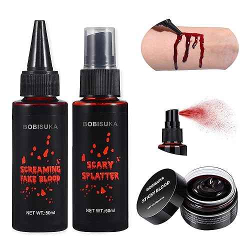BOBISUKA 3PCS Halloween Fake Blood Makeup Kit - Coagulated 1.41oz + Spray 1.76oz + Dripping 1.76oz, Realistic Washable SFX Makeup for Zombie Monster Mouth Clothes Dress Up