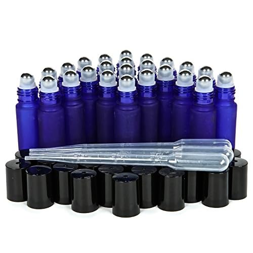 Vivaplex, 24, Frosted, Cobalt Blue, 10 ml Glass Roll-on Bottles with Stainless Steel Roller Balls. 3-3 ml Droppers included