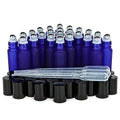 Vivaplex, 24, Frosted, Cobalt Blue, 10 ml Glass Roll-on Bottles with Stainless Steel Roller Balls. 3-3 ml Droppers included