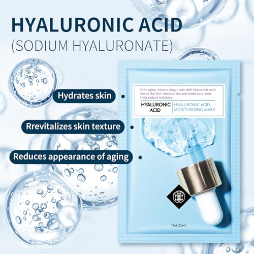 Face Mask Skin Care Hydrating Anti Aging Facial Mask Hyaluronic Acid Sheet Pack Deep Moisturizing Hydration Facemask Sheets for Women SkinCare Beauty Smoothing Rejuvenating Growing Gifts10 Sheets