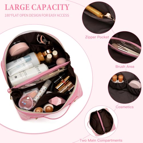 Initial Makeup Bag Large Capacity Travel Cosmetic Bag for Women PU Leather Open Flat Toiletry Bag with Handle and Divider Personalized Gifts for Women (Pink M)