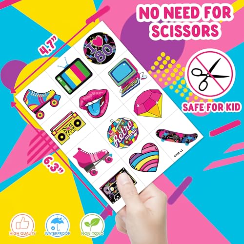 80s Temporary Tattoos 96 PCS Retro Party Favors for Kids