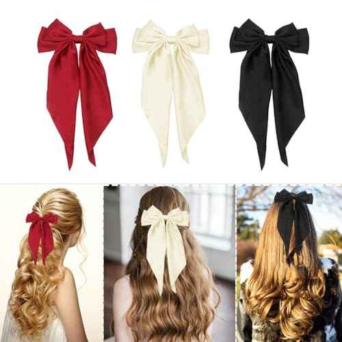 Hair Accessories - 3 Pcs Oversized Satin Hair Barrettes, Ribbon Bowknot Clips for Women