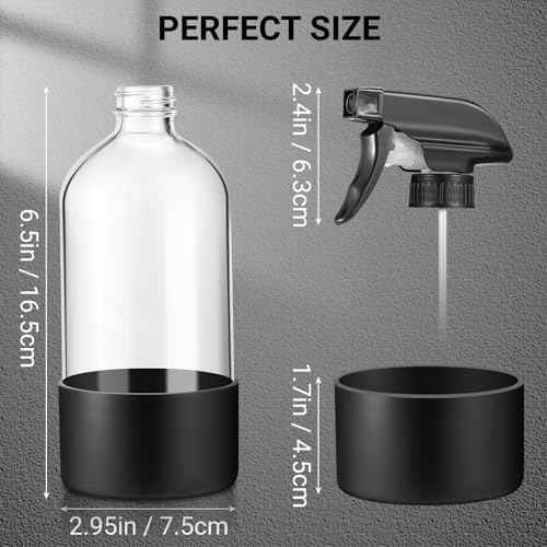3 Pcs 16oz Empty Glass Spray Bottle with Black Silicone Sleeve Protection - Refillable Boston Round Containers with Adjustable Nozzle for Cleaning Solutions, Essential Oils, Misting Plants, Gardening