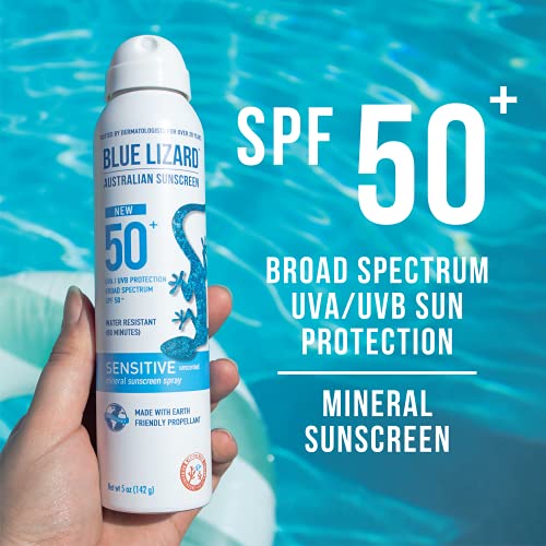 Bundle of BLUE LIZARD Sensitive Mineral Sunscreen with Zinc Oxide Sensitive, SPF 50 5 Fl Oz + 3-Pack Blue Lizard Mineral SPF 15 Lip Balm:Natural Coconut Flavor, Each Tube 0.13 oz.