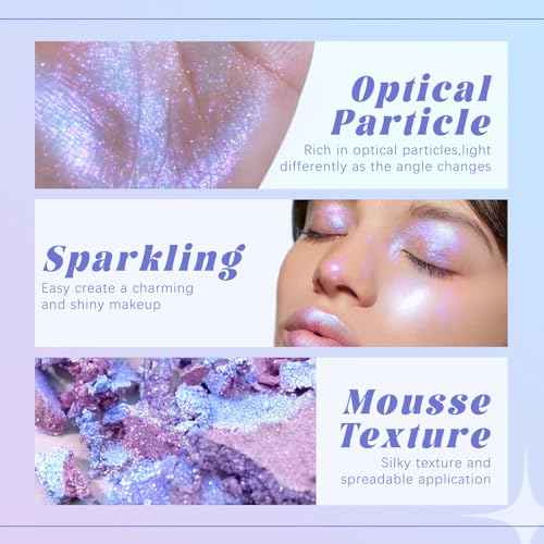 Holographic Duochrome Purple Blue Eyeshadow&Highlighter Palette, Color Shift Glitter Iridescent Cream Highlighter, Smooth Long Lasting Sparkling Eyeshadow Mermaid Facial Illuminator Makeup#04