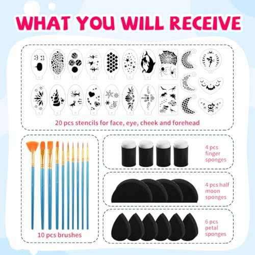 46 pcs Face Paint Stencils Kit,22 Pcs Reusable Facial Painting Stencils Reusable Body Paint Templates with 10 pcs Brushes,14 pcs Sponges for Party Halloween Makeup Depvision Face Paint Accessory Kit