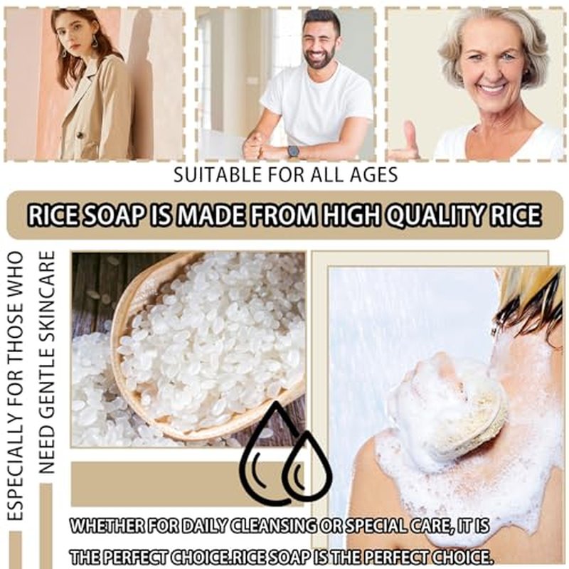 4PCS Vegan Rice Soap for Body & Face,Gentle Long-lasting Moisturizing Rice Milk Soap for All Skin Type,Deep Cleaning Rice Handmade Soap Bar for Men & Women